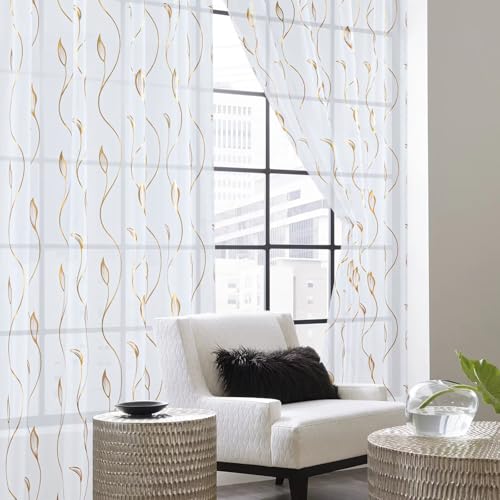 Gold Foil Print Sheer Curtains 96 inches Long, 2 Panels Ginkgo Bronzing Treatment Sheer Curtain, Rod Pocket Window Treatment Panels for Bedroom Living Room - color: Wicker/Gold/White, size: 42"W x 96"L (Pack of 2)