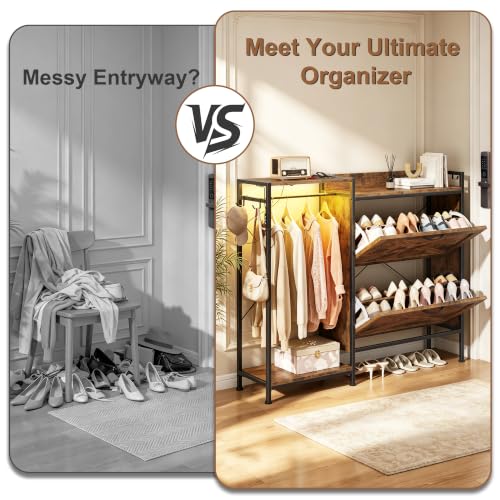 Shoe Cabinet with 2 Flip Drawers and Coat Rack, 41.3" W | Charging Station&LED Lights, 4 Side Hooks, Adjustable Shelves, Hidden Shoe Storage Cabinet, for Entryway, Hallway