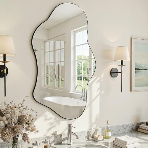 Irregular Wall Mirror, 28"x40" Wavy Cloud Bathroom Vanity Mirrors | Unique Asymmetrical Abstract Mirror with Tempered Glass for Bedroom, Living Room, Entryway, Hallway, Cloakroom - size: 40"L x 28"W