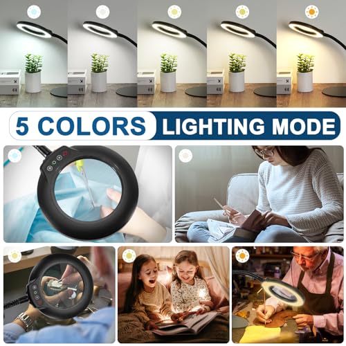 IVMAIE 12X Magnifying Glass with Light, Real Glass Lens, 5 Color Mode | Flexible Gooseneck Magnifier with Stand, LED Lighted Dimmable Desk Lamp Hands Free for Crafts Painting Reading Close Work - color: Black