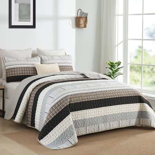 DJY Striped Quilt Set King Size, Brown Boho Bedspread Set 3 Pieces Patchwork Coverlet Bedding Set Lightweight Soft Microfiber for All Season (104"x90") - color: Brown, size: King