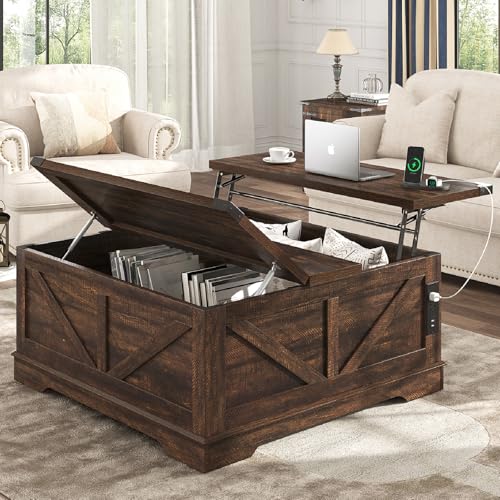 Hlivelood 40” Large Farmhouse Lift Top Coffee Table with Power Outlets and Large Hidden Storage, Square Wood Living Room Tables, Multi-Function Lift Wooden Barn Door Center Table, Brown - color: Brown