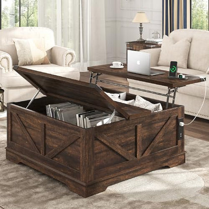 Hlivelood 40” Large Farmhouse Lift Top Coffee Table with Power Outlets and Large Hidden Storage, Square Wood Living Room Tables, Multi-Function Lift Wooden Barn Door Center Table, Brown - color: Brown