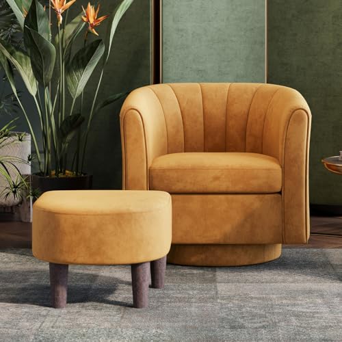 LINSY Swivel Accent Chair with Ottoman: Small Velvet Barrel Chair 360 Swivel Modern Armchair, Upholstered Reading Chair with Footrest for Living Room Bedroom Study Room (Yellow) - color: Yellow, size: Small