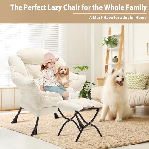 Youtanic Lazy Chair with Folding Ottoman, Accent Chair Plush Upholstered with Metal Structure and Non-Slip Pads, Sofa Armchair with Footrest and Side Storage Bag for Dorm, Room, Office, Beige - color: Plush Beige-f