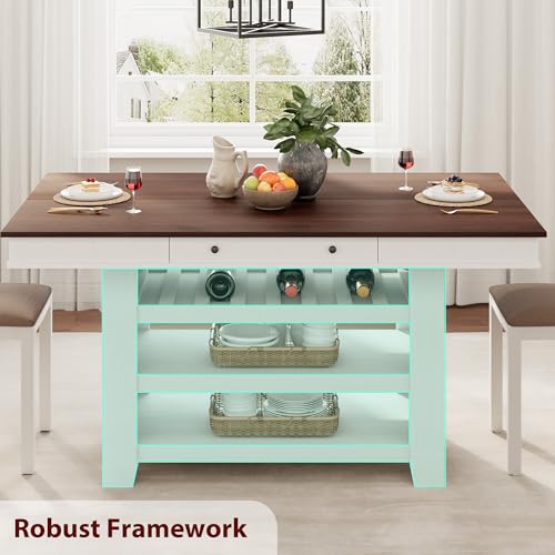 IDEALHOUSE 60" Wood Dining Table for 4-6, Counter Height Kitchen Table with Wine Rack and 2 Drawers, Open Shelves and Sturdy Legs, 4-Tier Stationary Kitchen Island for Dining Room and Kitchen - color: White