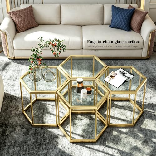 Hexagonal Modular Coffee Table, Gold Plated Frame, Tempered Glass Top, Geometric Accent Side Table, Multi-Purpose Nesting Table for Living Room Bedroom, Set of 3 - size: 3 Piece