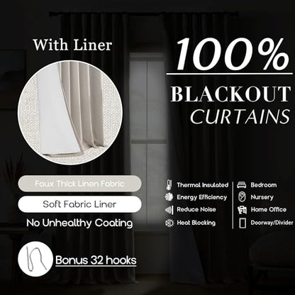 63 Inch Length Natural Linen Blackout Curtains, Rod Pocket Black Out Thermal Insulated Curtain Drapes for Bedroom 63 in Long 2 Panels Set - color: Natural Linen, size: 50"W x 63"L (Pack of 2)
