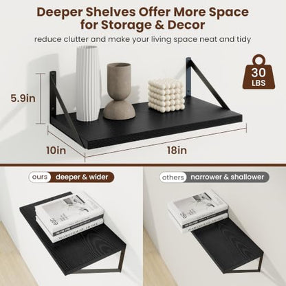 Deep Floating Shelves, 18'' x 10'' Black Wall Shelves Set of 2 | 10 Inch Deep Shelves with Heavy Duty Brackets, Rustic Wood Shelves for Bathroom Living Room, Engineered Wood, 30LBS - color: Black, size: 18W x 10D