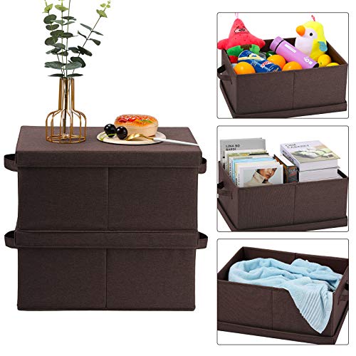 HOONEX Linen Foldable Storage Bins with Lids, 2 Pack, Storage Boxes with Carrying Handles and Sturdy Heavy Cardboard, 16.5" L x 11.8" W x 7.5" H for Shoes, Clothes, Brown - color: Brown