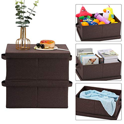 HOONEX Linen Foldable Storage Bins with Lids, 2 Pack, Storage Boxes with Carrying Handles and Sturdy Heavy Cardboard, 16.5" L x 11.8" W x 7.5" H for Shoes, Clothes, Brown - color: Brown