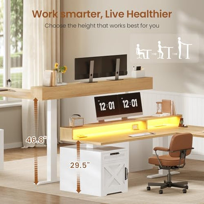SEDETA Farmhouse L Shaped Standing Desk, 70.1" x 73.2" Height Adjustable Home Office Executive Desk with Drawers, Power Outlet, Monitor Stand, Sit Stand Table with Led Lights for Home Office, Oak - color: Oak