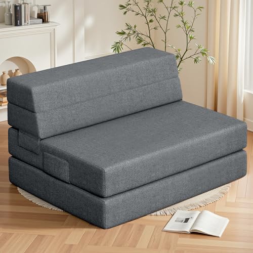 Youzi Foldable Sofa Bed Twin, Sleeper Sofa Bed Couch for Guests, 6 Inches Four-fold Foam Folding Chair for Home and Livingroom, Washable Cover, Dark Gray, 75" x 39" x 6" - size: Twin