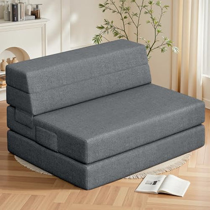 Youzi Foldable Sofa Bed Twin, Sleeper Sofa Bed Couch for Guests, 6 Inches Four-fold Foam Folding Chair for Home and Livingroom, Washable Cover, Dark Gray, 75" x 39" x 6" - size: Twin