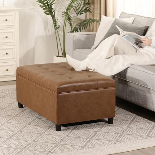 Rectangular Lift Top Storage Ottoman Bench, Faux Leather Storage Bench for Living Room Entryway Bedroom, Ochre Yellow - color: Ochre Yellow