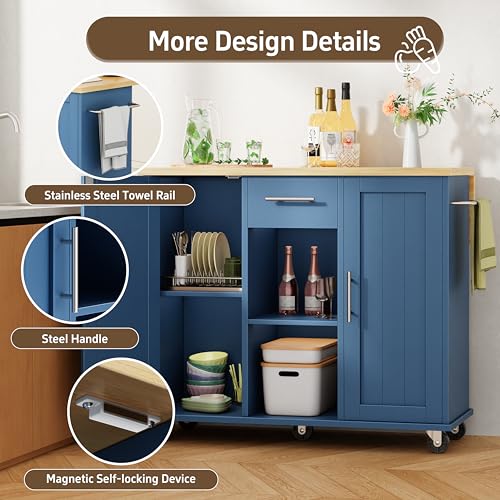 Shintenchi Kitchen Island with Storage, Bar Cart Cabinet Island Table on Wheels, Rolling Microwave Cart for Kitchen with Drop Leaf, Drawers, Towel Rack, Seating Area for Dining Room, Blue - color: Blue-42 Inch