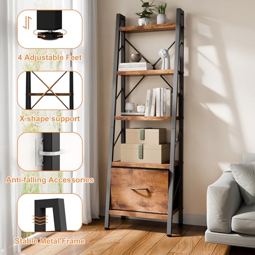 Shintenchi 5 Tier Ladder Bookshelf with Drawer, Tall Modern Corner Bookshelves, Narrow Book Shelf with Storage for CDs/Books/Movies, Bookcase for Room/Home/Office, Rustic Brown - size: 16.7'' W x 12'' D x 55.8'' H-1 Drawer