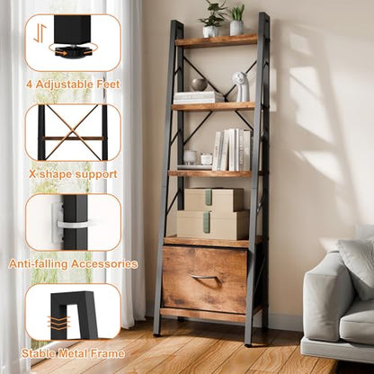 Shintenchi 5 Tier Ladder Bookshelf with Drawer, Tall Modern Corner Bookshelves, Narrow Book Shelf with Storage for CDs/Books/Movies, Bookcase for Room/Home/Office, Rustic Brown - size: 16.7'' W x 12'' D x 55.8'' H-1 Drawer