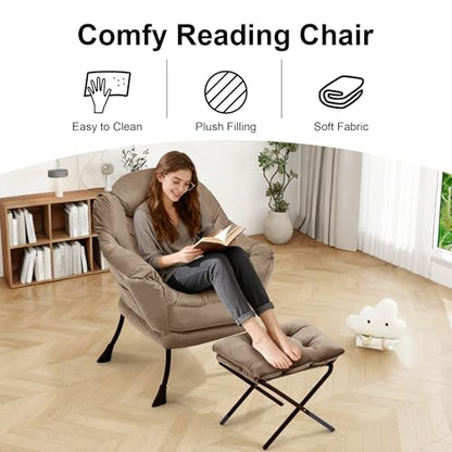 Lazy Chair with Ottoman, Modern Accent Lounge Chair with Side Pocket and Armrests, Cozy Reading Armchair with Footrest, Upholstered Sofa Chair for Small Spaces, Bedroom Living Room, Brown - color: Brown