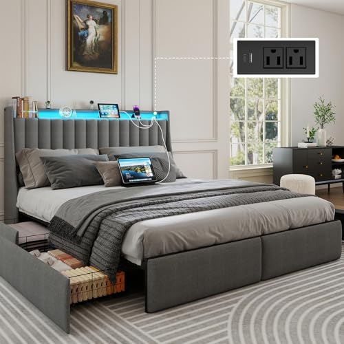 SADENICEL Queen Bed Frame with 4 Storage Drawer, Queen Size Bed Frame, Grey | Headboard with Charging Station and LED Lights, Metal Platform Bed with Storage Shelf, Noise Free, No Box Spring Needed - size: Queen, style: Channel Tufted & 4 Storage Drawers