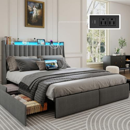 SADENICEL Queen Bed Frame with 4 Storage Drawer, Queen Size Bed Frame, Grey | Headboard with Charging Station and LED Lights, Metal Platform Bed with Storage Shelf, Noise Free, No Box Spring Needed - size: Queen, style: Channel Tufted & 4 Storage Drawers