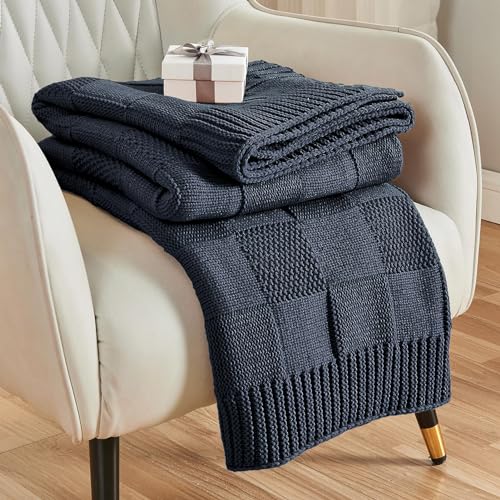 CozeCube Navy Blue Knitted Checkered Throw Blanket 50"X60" | Check Knit Throw for Couch, Decorative Christmas Soft Cozy Warm Blanket for Bed Sofa Living Room - color: Midnight Navy, size: 50"X60"