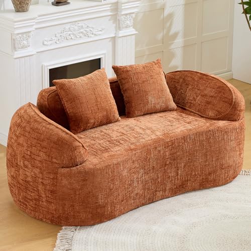 67" Curved Loveseat Sofa with 2 Pillows, Modern Boneless Couch in a Box, Small Cloud Loveseat for Bedroom Small Space Apartment Living Room, Memory Foam, Chenille, No Assembly (Orange) - color: Orange