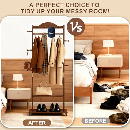 Walnut Brown Solid Wood Coat Rack Freestanding with Wheels - Heavy Duty Clothes Rack with 2 Storage Shelves & 9 Hooks, Wooden Coat Rack Stand Hat Hanger Rack for Bedroom Entryway Living Room Hotel - color: Walnut 2