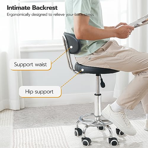 HOOBRO Height Adjustable Rolling Stool, 360° Rotating Drafting Chair, Multi-Purpose Office Desk Chair, Rolling Swivel Salon Stool Chair, for Barber Shop, Nail Salon, Office, Black SB01BY01G1