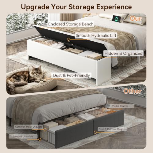 FreeHouse Full Size Bed Frame with Headboard & Storage, All Metal Structure | PU Leather Upholstered Bed Frame Full Size with Charging Station, Diamond Tufted, Gold Accents, No Box Spring Needed, White - color: White, size: Full