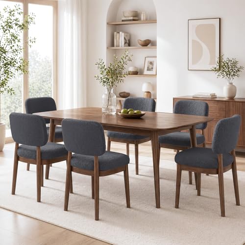 Wooden Dining Chairs Set of 6, Boucle Upholstered Kitchen Chairs with Solid Wood Legs, Mid Century Modern Dining Chairs, Farmhouse Side Chair with Hardwood Frame for Dining Room, Dark Gray - color: Grey, size: Set of 6