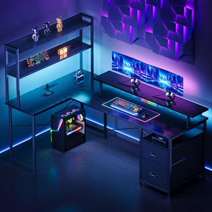 L Shaped Gaming Desk, Reversible with LED Lights, Shelves, Charging, Black | Reversible, LED lights, Charging, Monitor stand - color: Black