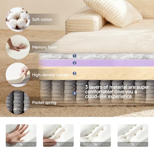 75" Cloud Modular Boneless Couch, Left Facing L-Shaped Chaise Sectional Sofa - No Assembly Required, Plush Corduroy & Memory Foam, for Living Room Bedroom Apartment (Beige) | Left Facing Chaise,No Assembly,Corduroy Fabric, High-Density Foam, Dorm Room, Ap