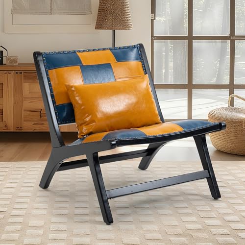 Accent Chair, Modern Comfy Genuine Leather Armless Accent Chairs | Mid-Century Anthropologie , Lounge Arm Chair with Solid Wood, Floral Pattern Sofa Chair for Living Room/Balcony/Bedroom - color: Leather-yellow-1818