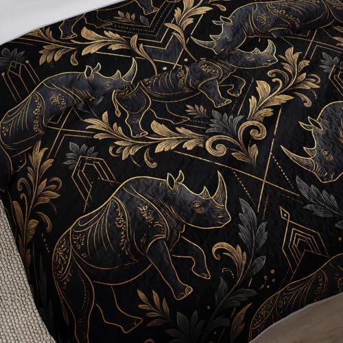 AILONEN Damask Elephant Queen Quilted Comforter Set, Black Gold Printed Bedding with 2 Pillowcases, Microfiber Filling, Master Family Bedroom - color: Black Striped Elephant, size: Queen