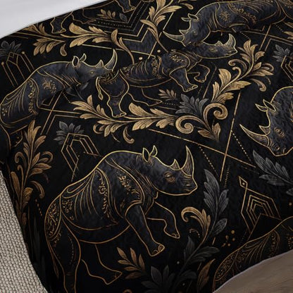 AILONEN Damask Elephant Queen Quilted Comforter Set, Black Gold Printed Bedding with 2 Pillowcases, Microfiber Filling, Master Family Bedroom - color: Black Striped Elephant, size: Queen