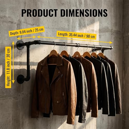 Industrial Pipe Clothing Rack, Hanging Clothes Rod, Wall Garment Rack | Heavy Duty Space Saving Clothes Bar, Metal Clothing Hanging Rails for Closet Home Bedroom Retailer Laundry, Black, 2Pcs