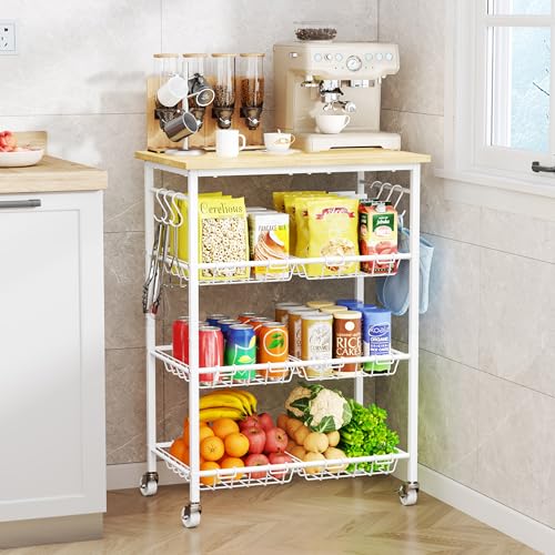 SWTYMIKI 24.4''x15.7'' Rolling Microwave Cart - 4 Tier Microwave Table Stand with 6 Storage Baskets, Coffee Bar with Wheels, Kitchen Utility Cart Shelf Rack Organizer for Vegetables, Potato, White - color: White