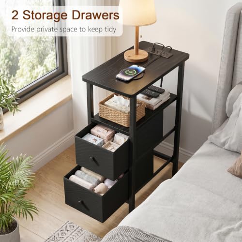 Narrow End Table with Charging Station, Small Nightstand | Skinny Side Tables Living Room with 2 Fabric Drawers, Slim Bedside Table for Bedroom, Small Spaces, Couch, Black - color: Black, size: 23.22''H (2 Drawers), style: Power