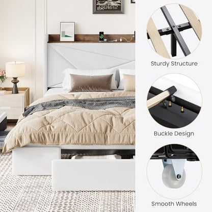 SHA CERLIN King Bed Frame, Storage Headboard with Drawers, Charging, White | Velvet Upholstered Bed, Modern Wingback Headboard, 3 Drawers, USB Charging Station, No Box Spring Needed, Easy Assembly - color: White, size: King