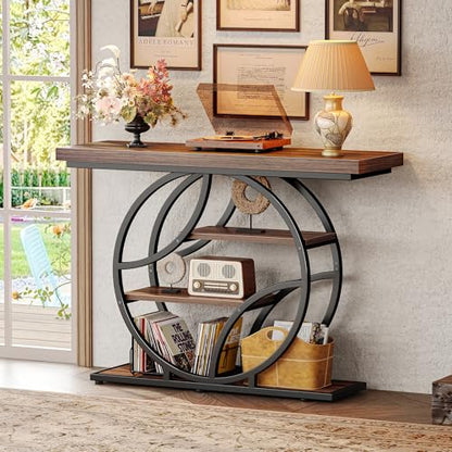 Huuger 41.3 Inch Entryway Table, Console Table with Shelves, Sofa Table | Modern Entrance Table, Console Tables for Entryway, Hallway, Entrance, Foyer, Living Room, O-Shaped Accent Table, Dark Walnut - color: Dark Walnut, size: 11.8"D x 41.3"W x 31.5"H