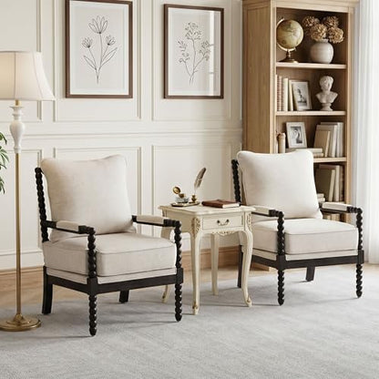 DUHOME Linen Fabric Spindle Accent Chairs Set of 2,Bobbin Chair with High Resilience Spring Cushion and Armrest Pads, Leisure Armchair for Living Room Bedroom Farmhouse Home Office Belcony - color: Black+cream, size: 2 pcs