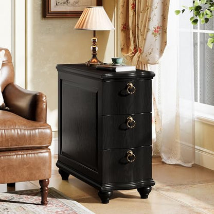 Tribesigns Wood Black End Table, 3-Drawers Fully Assembled Narrow Slim Side Table, No Assembly Required, Nightstand for Bedside, Small Spaces, Living Room, Bedroom - color: Black
