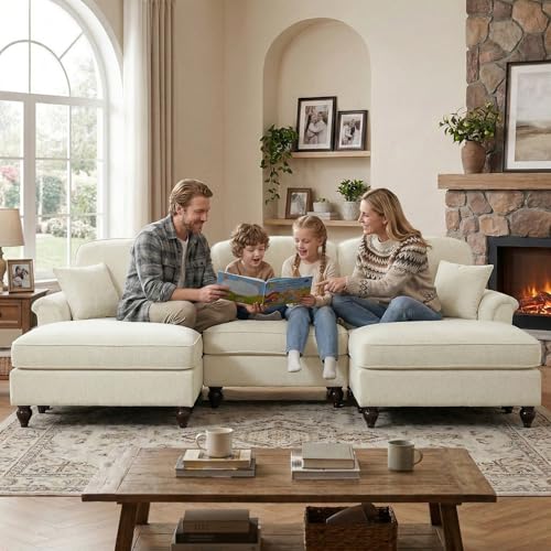 Modular Sectional Sofa Couch, Comfy Chenille Sofa with Removable Ruffled Skirt, Flared Armrests, Sturdy Legs, Convertible Sectional for Living Room, Bedroom, Apartment (Beige) - color: Beige, size: 107.1 Inch U