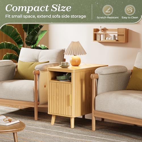 Huuger Narrow End Table with Charging Station, USB-C Port | Fluted Nightstand with Storage Cabinet, Back Rack, Farmhouse Side Table for Small Spaces, Night Stand, Walnut - color: Natural Wood