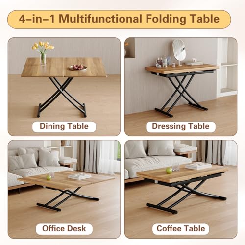 4 in 1 Adjustable Folding Dining Table, Drop Leaf Coffee Table for Small Spaces, Converts to Dining Table, Scratch-Resistant Wood Grain Top with Metal Frame for Breakfast Nook kitchen living Room - color: Wood-black