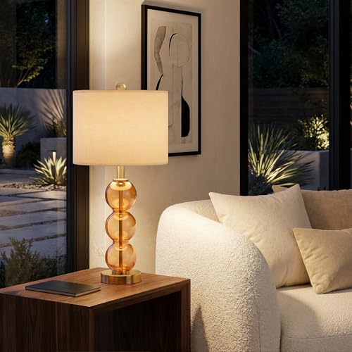 25" Amber Glass Table Lamps for Living Room, Glass Modern Table Lamp Set of 2, USB Charging Ports, Linen Shade, Bedside Lamps for Bedroom, Nightstand, Side Table (Bulbs not Included) - color: Amber