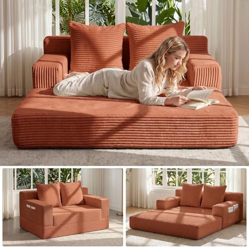 Convertible Sofa Bed,Small Boneless Couch & Boneless Loveseat,Pull Out Couch Bed for Small Spaces,Premium Luxe Corduroy Folding Floor Futon Sleeper with Side Pocket & 2 Pillows,No Assembly Required - color: A-orange, size: Lovseat