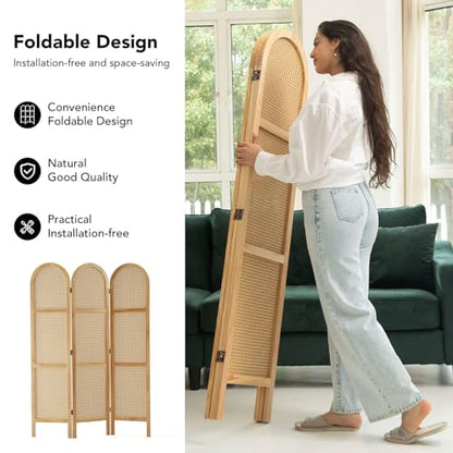 Svimi Room Dividers and Folding Privacy Screens, Pine Wood 5.6 Ft Double Hinged Rattan Partition Freestanding Wall Room Divider for Home - 3 Panels (Natural) - color: Natural