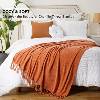 BATTILO HOME Burnt Orange Chenille Throw Blanket for Couch, Soft Cozy Knitted Fall Throw with Tassels, Lightweight Throw Blanket for Fall Decor Bed Sofa Living Room, 50"x60" | Soft Chenille Fall Blanket with Fringe Tassels, Lightweight Fall Decor and Fall